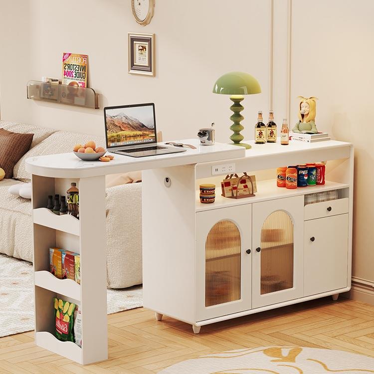 奶油风吧台桌家用可伸缩客厅岩板餐边柜隔断一体靠墙小户型储物柜