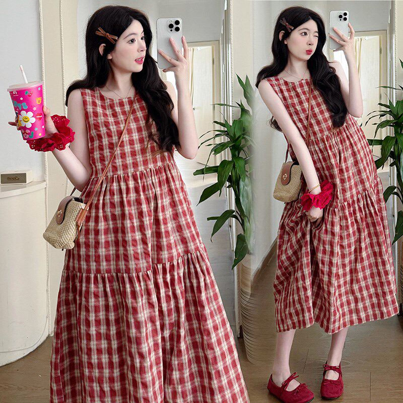 新品夏季孕妇连衣裙m中长款韩版宽松遮肚孕妇装格子背心裙圆领夏