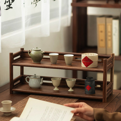 茶桌侧边收纳架桌面茶具置物架新中式实木小型博古架台式茶杯架子