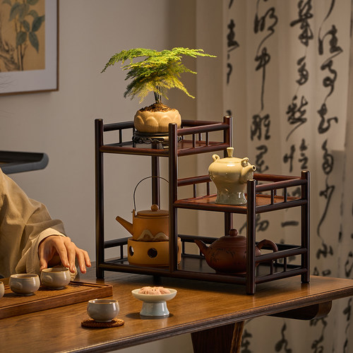 桌面小博古架新中式茶具盆景摆件置物架台式茶杯收纳架子茶壶杯架