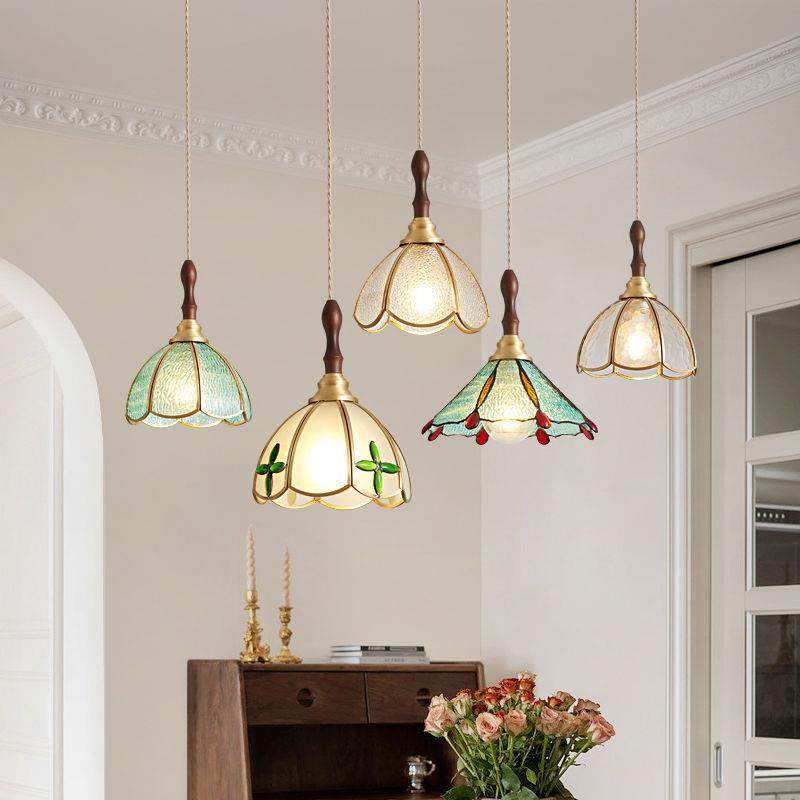 法式复古全铜卧室床头吊灯彩色玻璃小吊灯中古过道餐厅民宿吧台灯