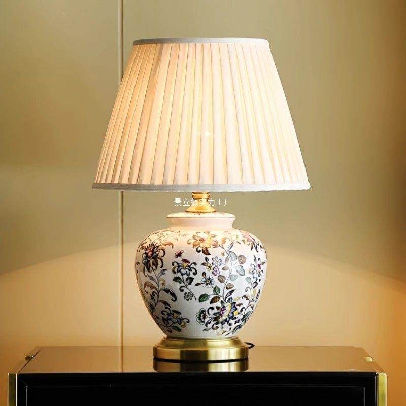意大利轻奢裂纹釉彩花陶瓷灯卧室床头柜灯智能遥控调光高级感台灯