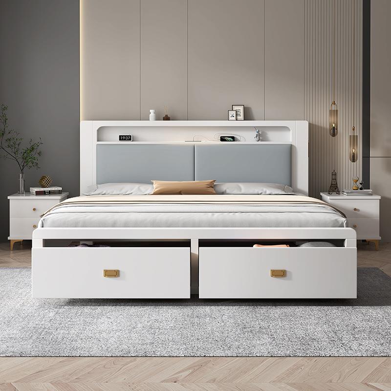 现代简约实木床1.8米主卧双人床白色软靠收纳抽屉床1.5高箱储物床