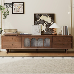 素图中古风电视柜客厅家用黑胡桃木纯实木法式复古家具电视机地柜