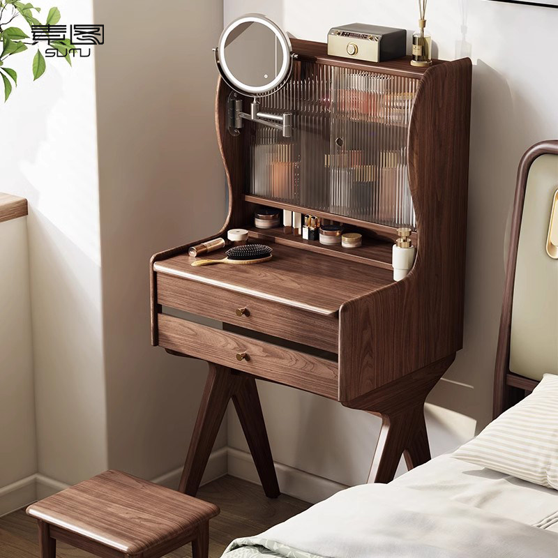 素图黑胡桃木梳妆台书桌一体小户型卧室高柜实木收纳日式化妆桌