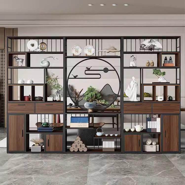 新中式铁艺博古架落地书架展示柜办公室隔段置物架餐厅茶室展示架
