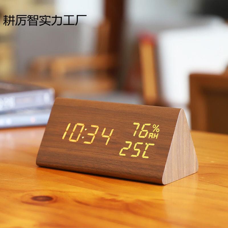 北欧日式木质闹钟木头钟复古木纹时钟静音夜光湿度客厅卧室床头钟