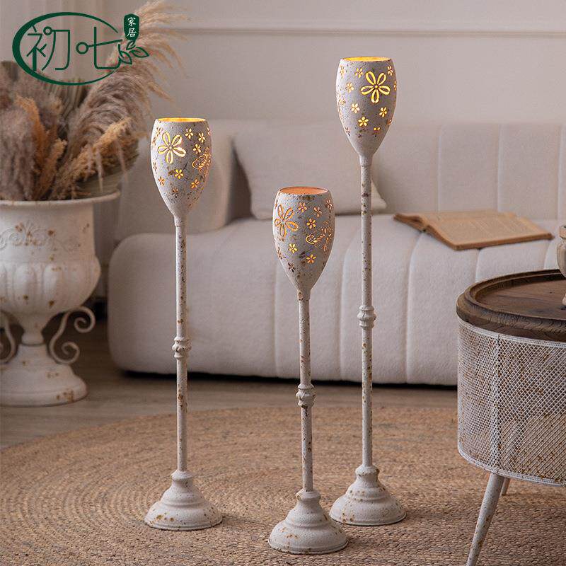 美式圣诞节浪漫蜡烛台庭院阳台落地烛台摆件做旧白色铁艺工艺品