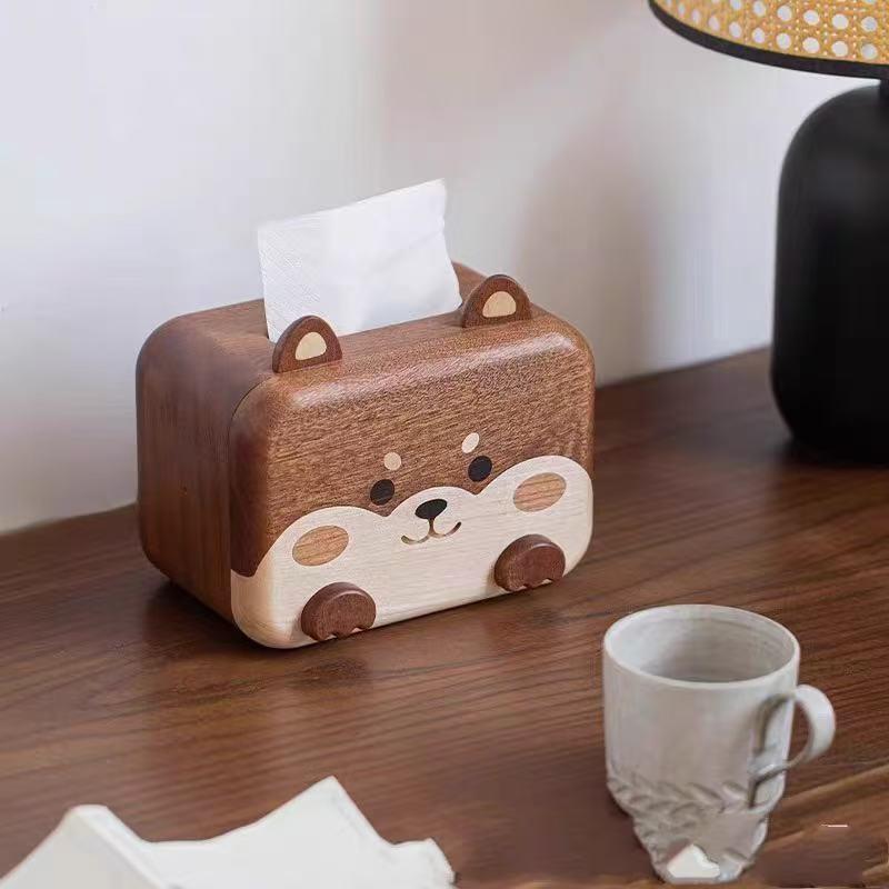 实木抽纸盒可爱柴犬纸巾盒创意客厅纸巾收纳盒酒店餐厅餐巾纸盒