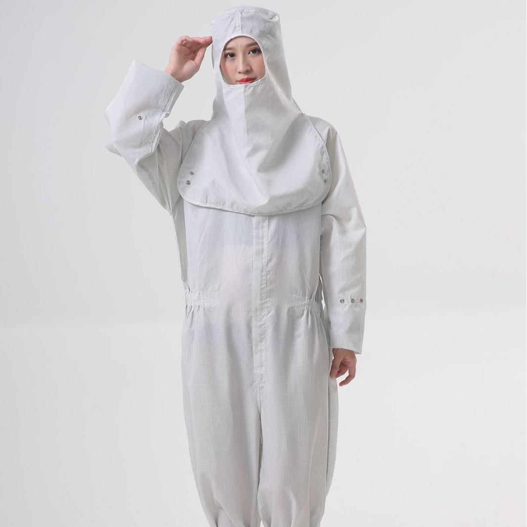 防静电服无尘斜开侧拉链连帽带面罩网格百级防尘车间连体服工作服