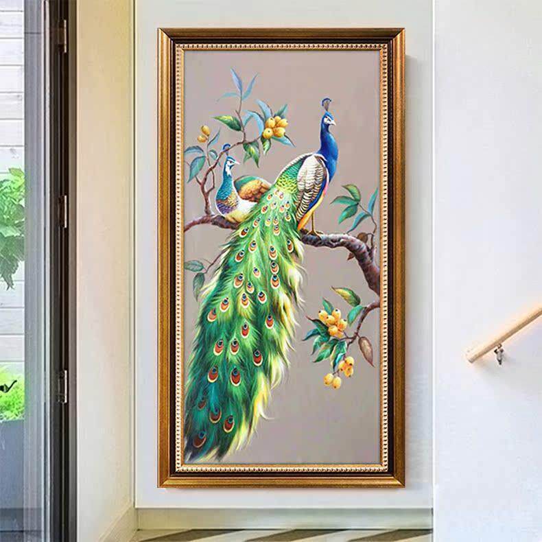 纯手绘油画入户玄关装饰画简约竖版走廊过道墙画孔雀挂画美式壁画