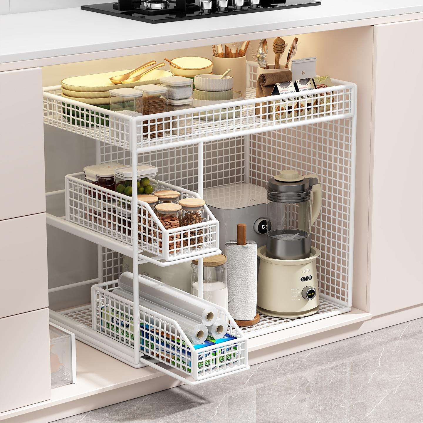 厨房橱柜内抽拉式置物架落地储物整理多功能收纳盒收纳筐碗碟拉篮