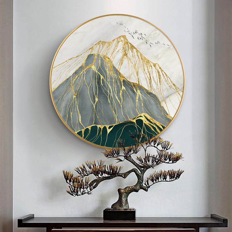 山川沧海新中式玄关装饰画轻奢抽象山水圆形挂画风水招财进门壁画