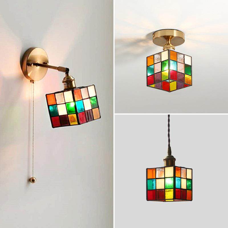 日式复古彩色手工玻璃全铜小吊灯北欧民宿玄关走廊橱窗吧台吊线灯