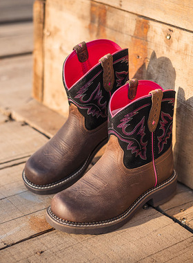 Palitutu新款真皮刺绣复古西部牛仔靴女骑士靴童靴短靴马丁靴子潮