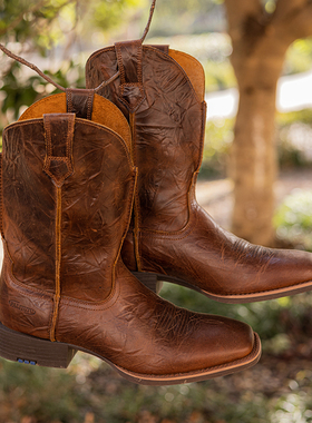 美国西部风复古刺绣油蜡皮西部牛仔靴男真皮棕色方头户外休闲男靴