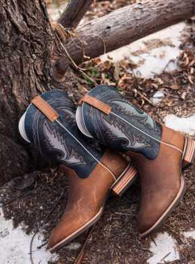 Palitutu牛皮男靴西部牛仔靴子镂空透气骑士马靴机车靴平头时装靴