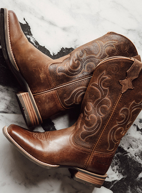 Palitutu新款真皮马丁靴刺绣复古西部牛仔靴女百搭套筒骑士靴子