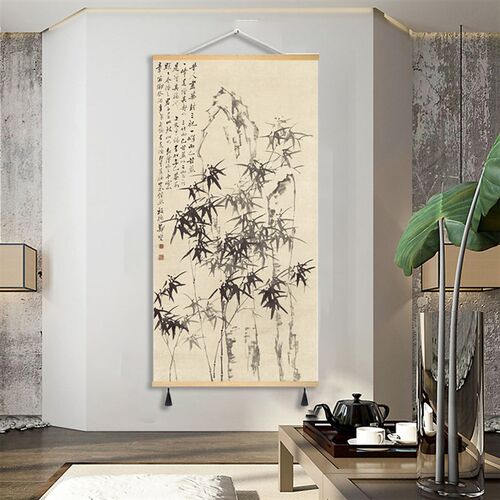 热销新中式国画仿古画书房客厅玄关办H公室装饰画竖版免打孔布艺