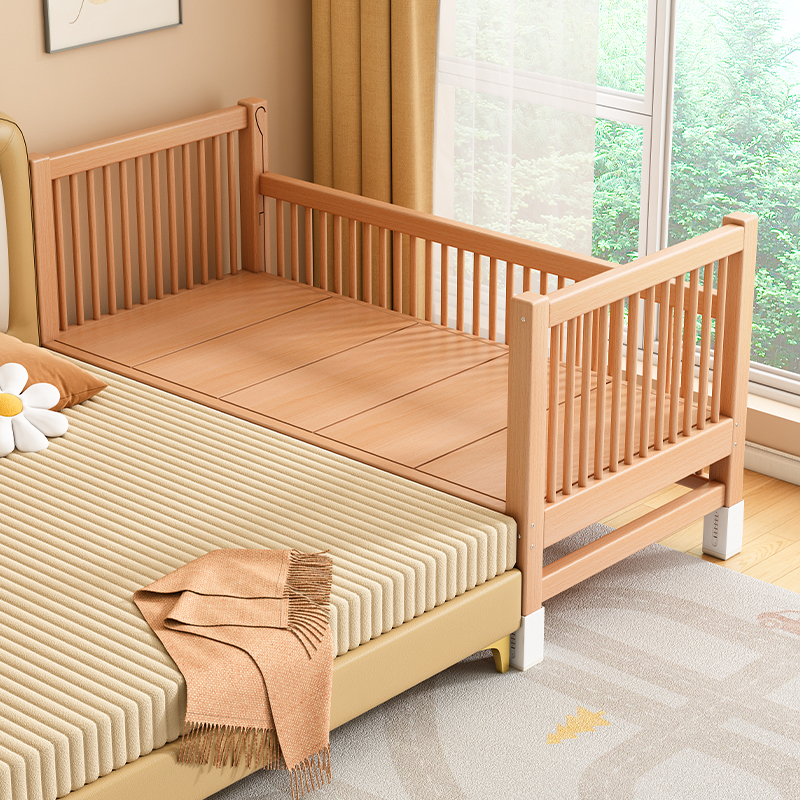 榉木儿童拼接床加宽大床可升降