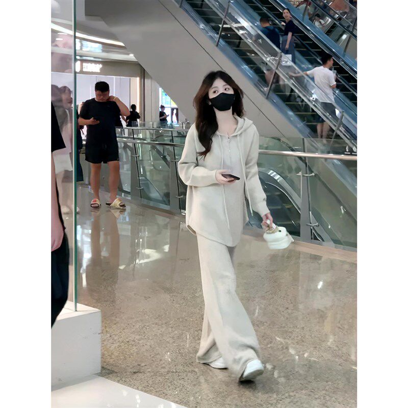 新品小个子时尚休闲针织套装女早春新款I显瘦连帽卫衣百搭阔腿裤