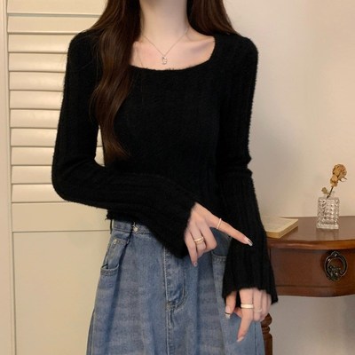 极速安可拉枣红色方领针织打底衫女早秋季内搭小T个子毛衣短款高