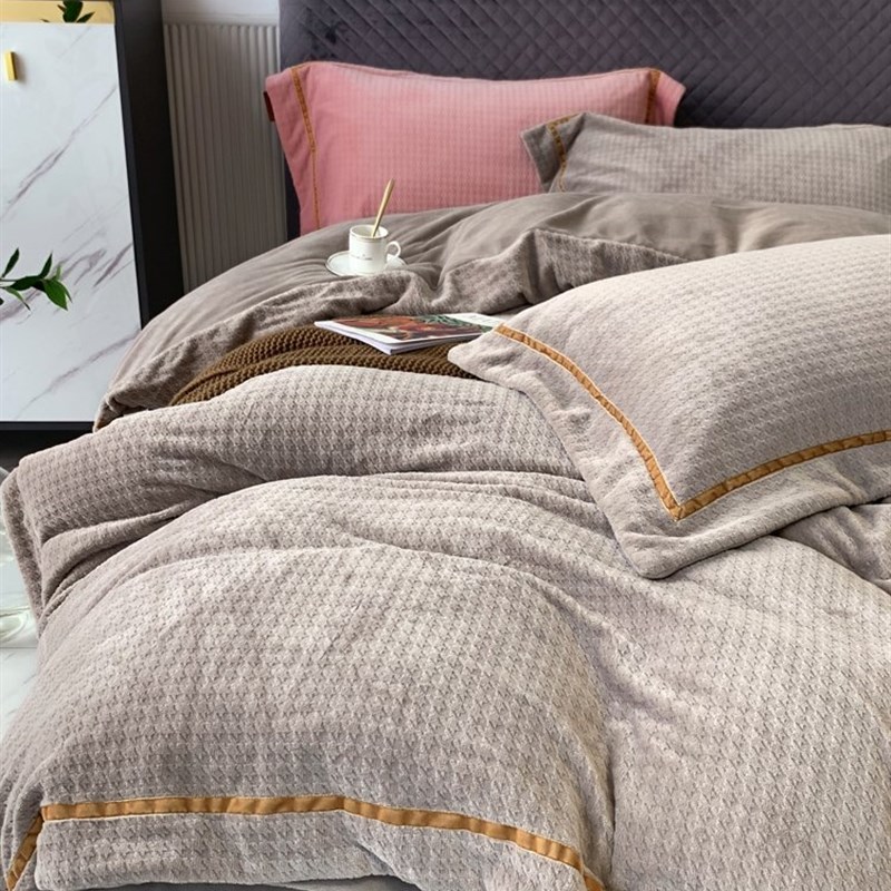 极速雕花立暖绒经典千鸟格四件套简约轻奢双N面绒加厚冬季床上用