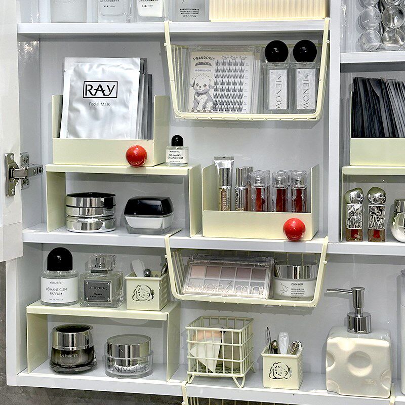 新品奶油风铁艺镜柜收纳盒浴室化妆品置J物架护肤品面膜粉扑分层