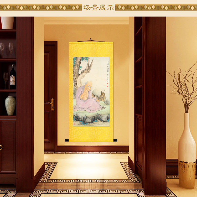 极速福禄寿全得图 m梅花鹿灵芝罗汉人物画像 中式装饰画 绢布卷轴