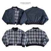 CENSMADE 短宽刺绣夹克格纹藏青双面穿夹棉加厚棉服MA1bomber外套