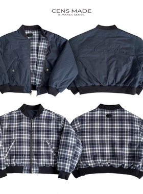 CENSMADE 短宽刺绣夹克格纹藏青双面穿夹棉加厚棉服MA1bomber外套