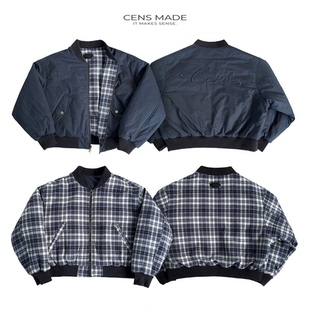 CENSMADE 短宽刺绣夹克格纹藏青双面穿夹棉加厚棉服MA1bomber外套