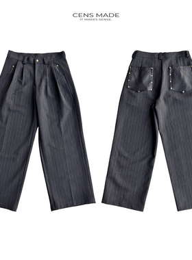 CENSMADE 26SS通勤立体剪裁阔腿A字TR混纺拼皮口袋撞钉条纹西裤