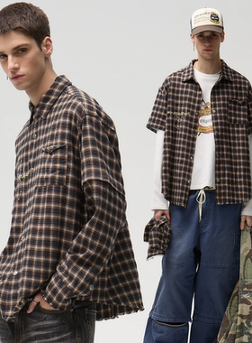 CENSMADE 法兰绒流苏格纹衬衫logo刺绣美式外套短袖长袖二合一