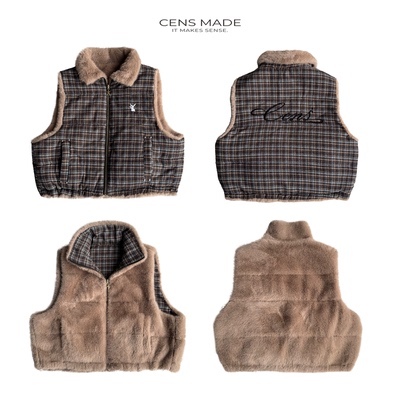 CENSMADE格纹貂毛双面穿马甲