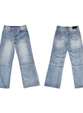 CENSMADE 重制2021M版型洗水破坏猫须宽松直筒冰蓝牛仔裤cleanfit