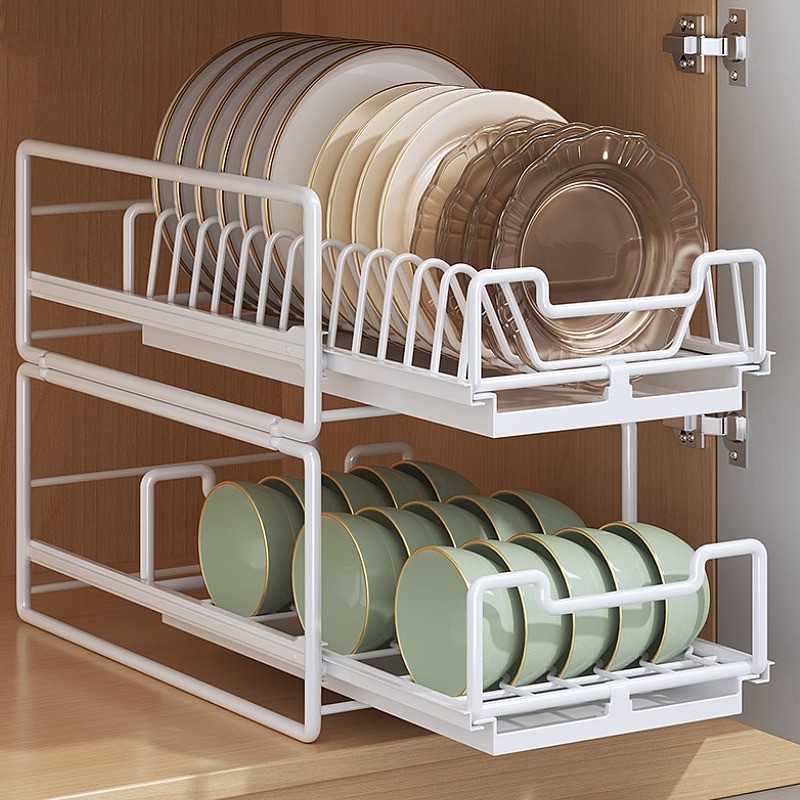 极速碗碟收纳架橱柜抽拉不t倾斜碗架拉篮抽屉式厨房置物架碗盘盘