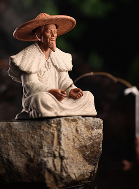 新品姜太公c钓鱼摆件创意紫砂人物姜子牙禅意假山鱼缸盆景造景装