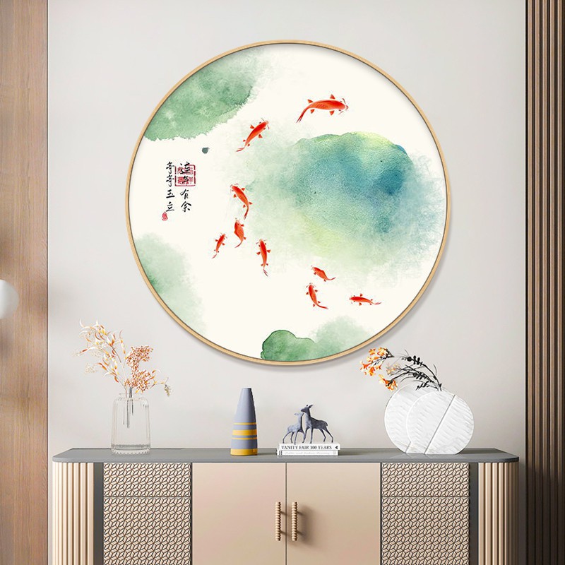 极速荷花九鱼图装饰画新中式挂画中国风圆形N餐厅壁画玄关墙画九图片
