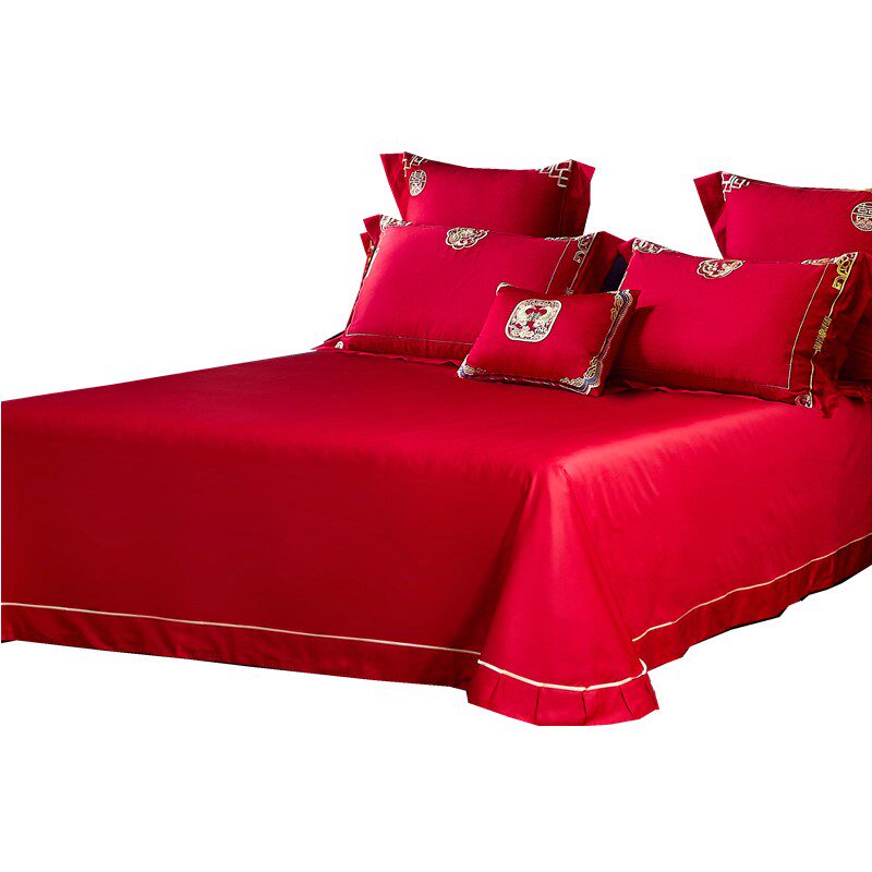 新品单件纯棉结婚床单 大红色刺绣床单婚庆L床上用品铺床纯色被单