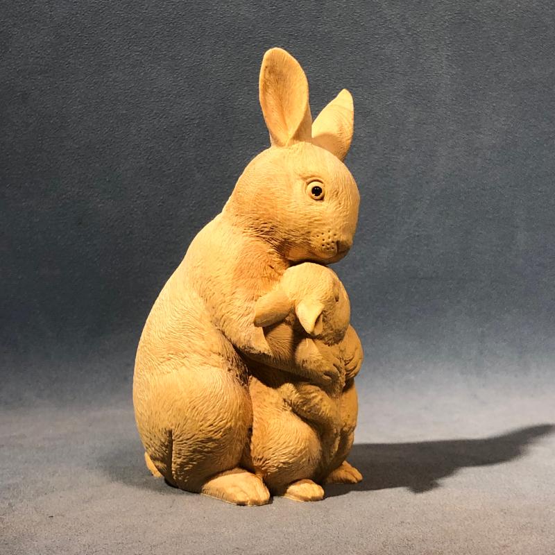 极速小叶黄杨木j雕兔子生肖母子兔实木手把件家居客厅卧室装饰手