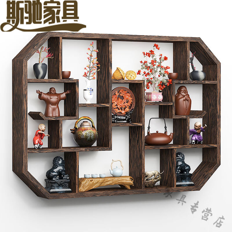 极速花昕阁茶柜架新中式博古架挂墙多宝阁墙上置物架现Z代简约茶