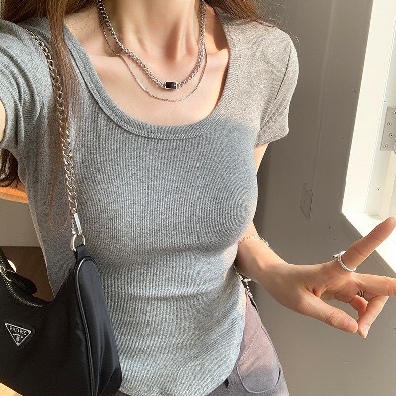 速发夏季新款肩色u领正灰T恤美式复古百搭弧形下摆短款上衣