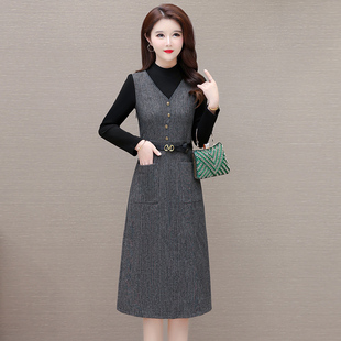 时新春秋裙子 妈妈收腰中长款 速发件两假长袖 连衣裙2025尚款