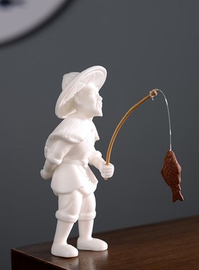 速发人淘守德化白瓷小摆件姜太公钓意家居客厅装饰品禅鱼人物盆景