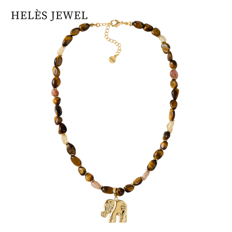 金色小象吊坠虎眼石锁骨链