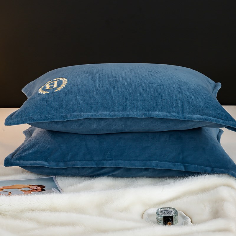 速发高端冬季牛奶绒枕套一对家用枕头套成人珊瑚绒加绒蓝色枕芯内