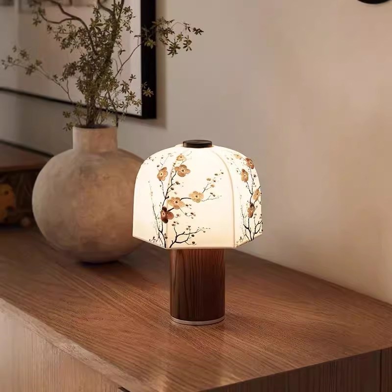 新中式新款刺绣充电台灯u氛围灯白蜡木实木法式宋代美学中古灯