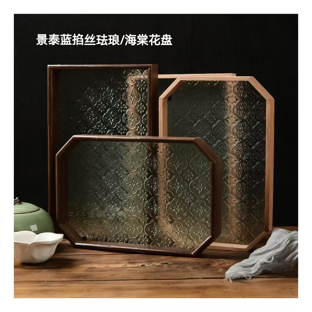 掐丝珐琅diy海棠花胡桃木竹木盘