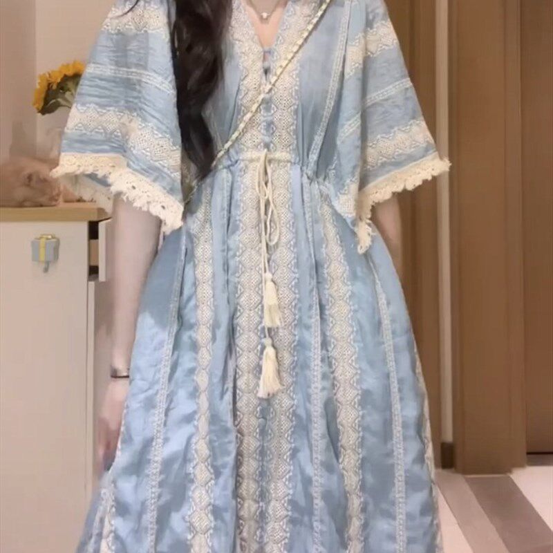 速发大码胖妹妹亚风宽松连衣裙夏假氛围感风工系带度季重裙子